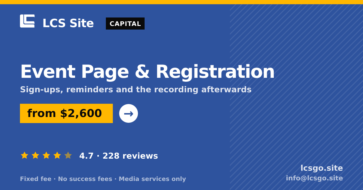 Event Page & Registration — from $2,600, rated 4.7/5 across 228 reviews. LCS Site.