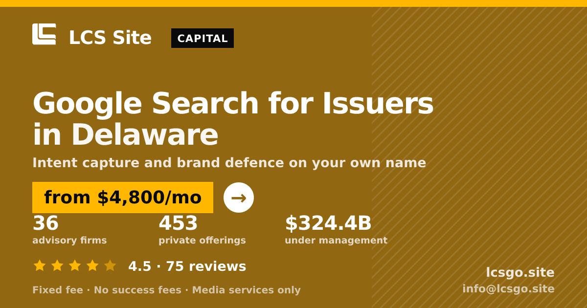 Google Search for Issuers in Delaware — from $4,800/mo, rated 4.5/5 across 75 reviews. LCS Site.