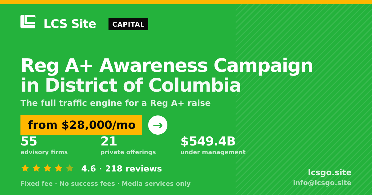 Reg A+ Awareness Campaign in District of Columbia — from $28,000/mo, rated 4.6/5 across 218 reviews. LCS Site.