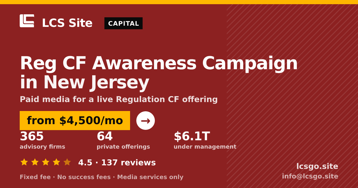Reg CF Awareness Campaign in New Jersey — from $4,500/mo, rated 4.5/5 across 137 reviews. LCS Site.