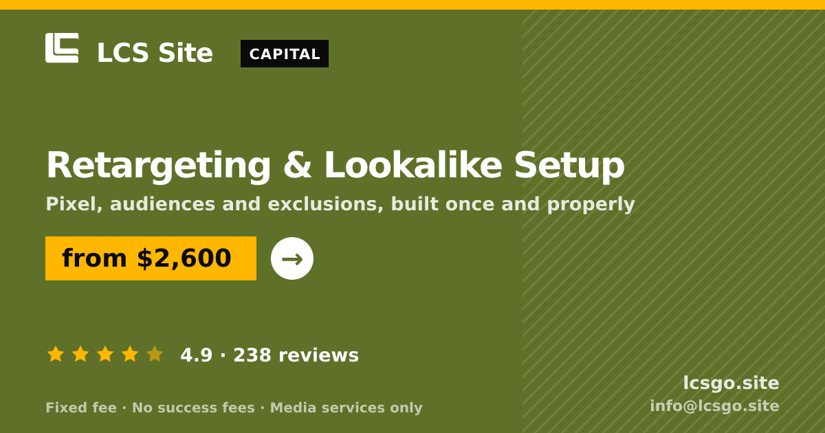 Retargeting & Lookalike Setup — from $2,600, rated 4.9/5 across 238 reviews. LCS Site.