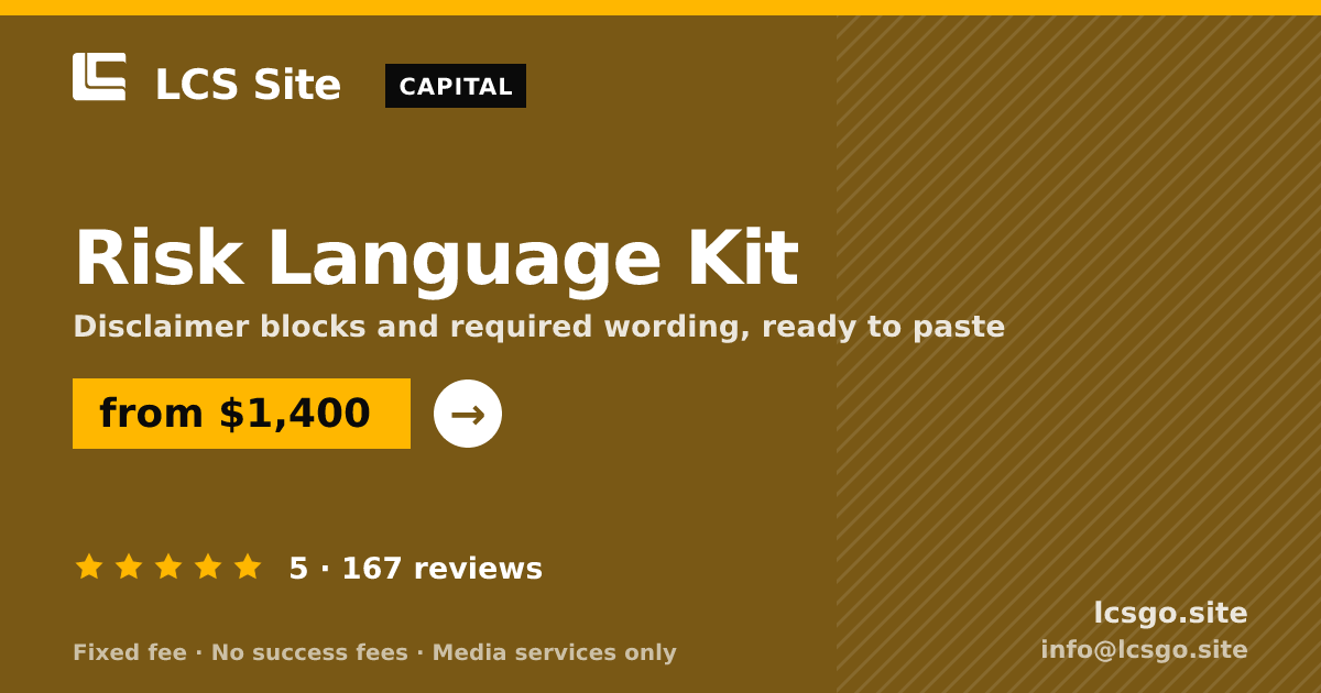 Risk Language Kit — from $1,400, rated 5/5 across 167 reviews. LCS Site.
