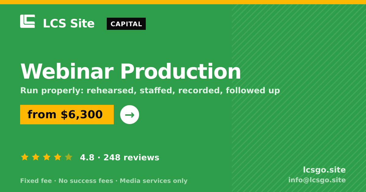 Webinar Production — from $6,300, rated 4.8/5 across 248 reviews. LCS Site.