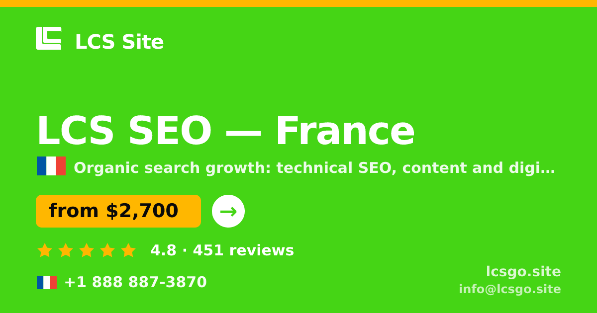 LCS SEO in France — from $2,700/mo, rated 4.8/5 by 451 clients. LCS Site.